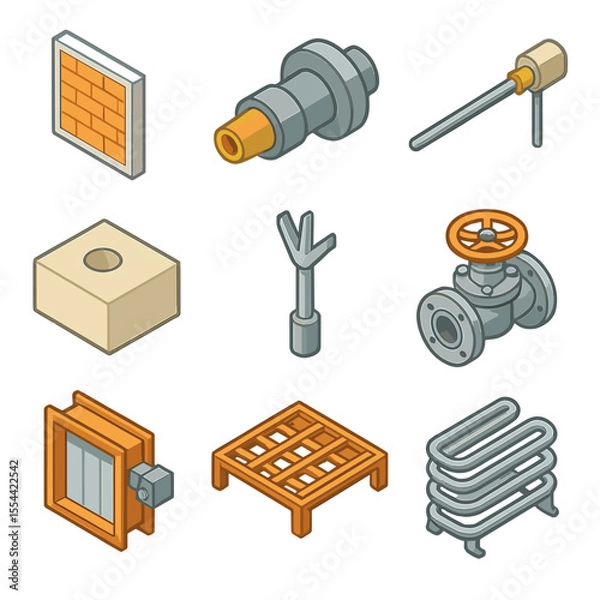 Fototapeta Industrial Furnace Components. Isometric Flat icon set of industrial furnace components: refractory lining panel, burner nozzle,