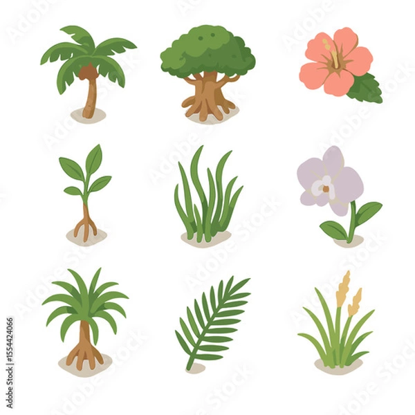 Fototapeta Island Flora Icons. Isometric Flat icon set of island flora: coconut palm, banyan tree, hibiscus flower, mangrove sapling, sea