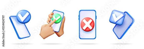 Fototapeta Smartphone with check mark and cross symbols. Mobile feedback concept and successful transaction sign. Notification element for application.
