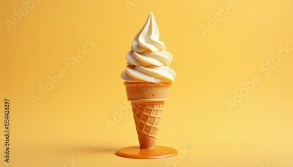 Fototapeta Creamy Soft Serve Ice Cream Cone against Bright Yellow Background with Dripping Caramel Sauce