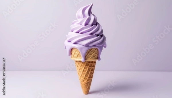Fototapeta Whimsical Purple Ice Cream Cone with Creamy Swirl and Dripping Topping on White Background
