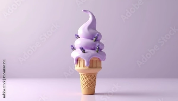 Fototapeta Lavender Ice Cream Cone with Whipped Cream and Fresh Lavender Flowers on Light Background