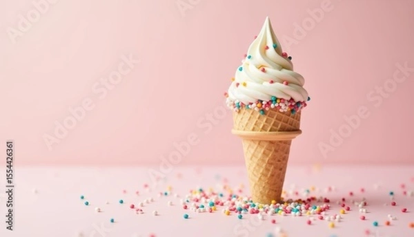 Fototapeta Whimsical Ice Cream Cone with Colorful Sprinkles Against Soft Pink Background