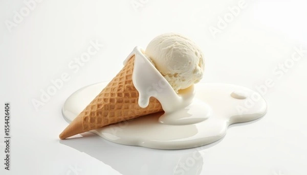 Fototapeta Melting Ice Cream Cone with Creamy Vanilla Scoop on a White Background