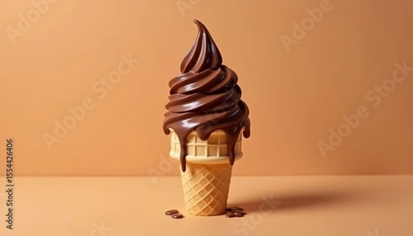 Fototapeta Delicious chocolate soft serve ice cream in a waffle cone dripping with sweetness