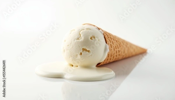 Fototapeta Melting Ice Cream Cone with Creamy Scoop Dripping Off Waffle Cone on White Background