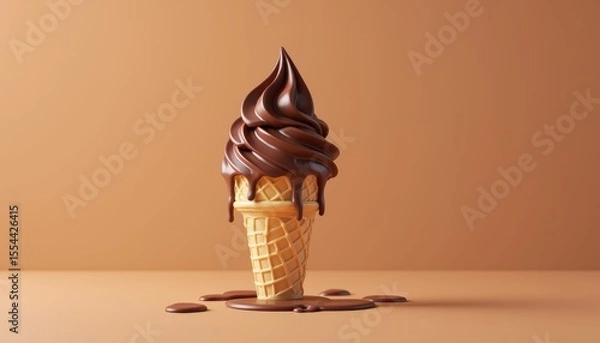 Fototapeta Deliciously Swirled Chocolate Ice Cream Cone Melting on a Warm Brown Surface