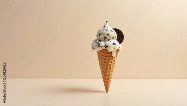 Fototapeta Delicious Vanilla and Chocolate Chip Ice Cream Cone on Beige Background with Cookie