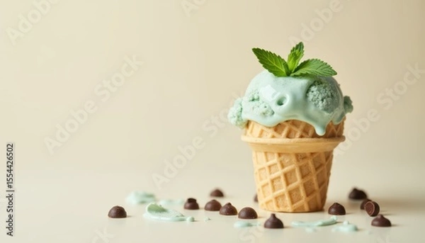Fototapeta Mint Ice Cream in Waffle Cone with Chocolate Chips and Fresh Mint Leaf on Light Background