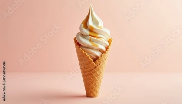 Fototapeta Creamy Soft Serve Ice Cream with Caramel Drizzle in Waffle Cone on Soft Pink Background