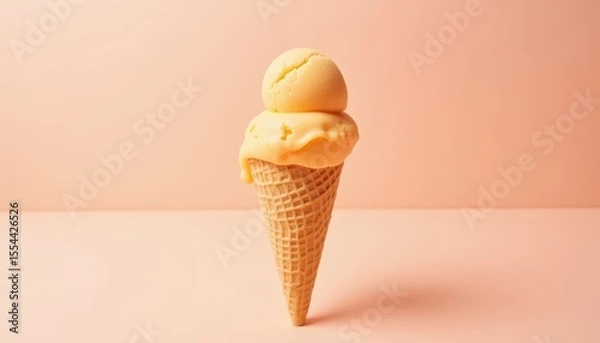 Fototapeta Creamy Yellow Ice Cream Scoop Melting on Waffle Cone Against Soft Pink Background