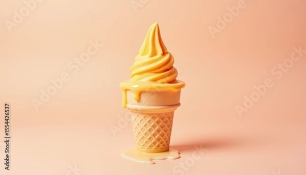 Fototapeta Creamy Soft Serve Ice Cream Cone with Melting Orange Flavor on Soft Pink Background