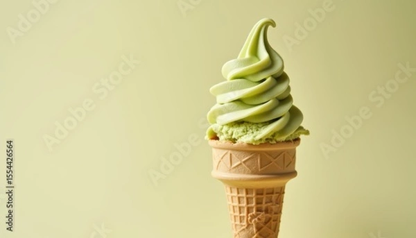 Fototapeta Creamy Green Soft Serve Ice Cream in a Waffle Cone Against a Light Green Background