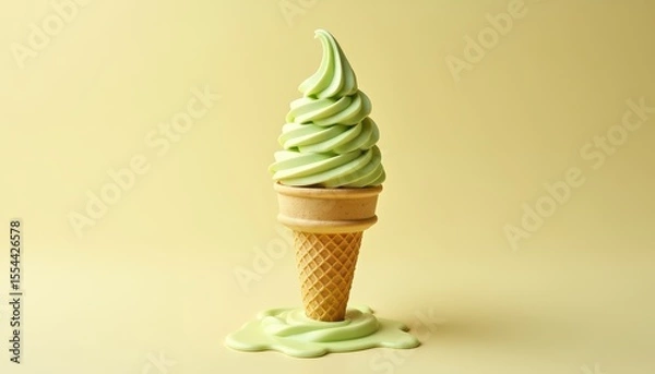 Fototapeta Delicious Green Soft Serve Ice Cream Cone Melting on a Beige Background