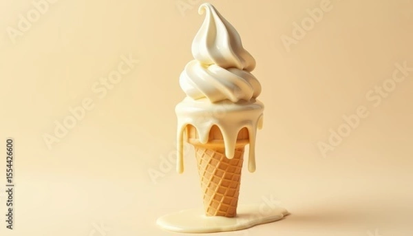 Fototapeta Delicious Creamy Soft Serve Ice Cream Cone Melting on a Light Neutral Background