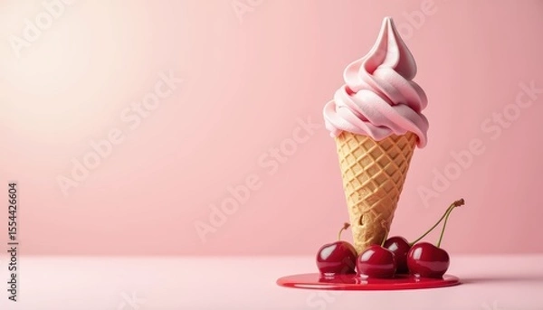 Fototapeta Delicious Swirl Soft Serve Ice Cream Cone with Cherry Topping on Pink Background