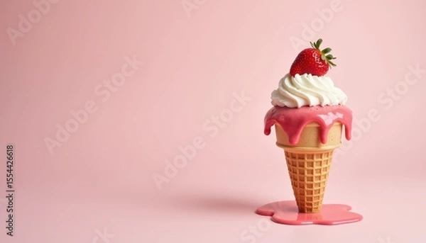 Fototapeta Delicious Ice Cream Cone with Strawberry and Whipped Cream on Pink Background