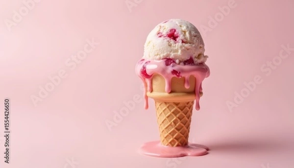 Fototapeta Melting ice cream in a waffle cone with pink background showcasing delicious dessert delight
