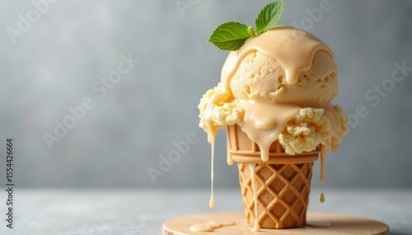 Fototapeta Delicious vanilla ice cream cone dripping with caramel sauce and garnished with mint leaf