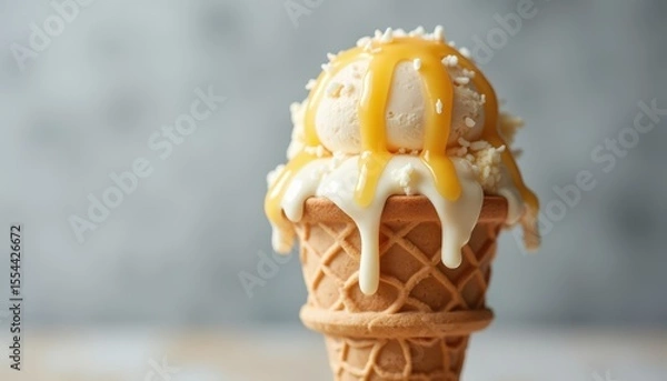 Fototapeta Delicious Ice Cream Cone with Soft Serve and Creamy Syrup Dripping Down the Sides