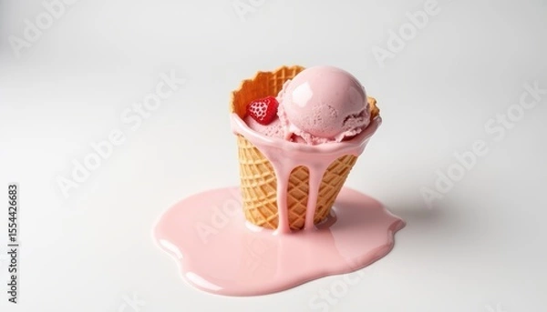 Fototapeta Melting Ice Cream Cone with Pink Scoop and Fresh Strawberries on White Background