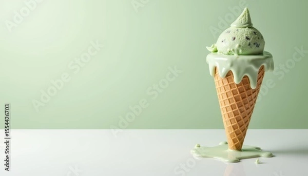 Fototapeta Melting Green Ice Cream Cone with Waffle Cone on a Light Green Background