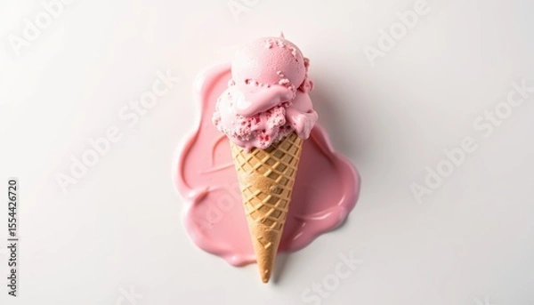 Fototapeta Delicious Pink Ice Cream Scoop Melting on Cone with Colorful Drips on White Surface
