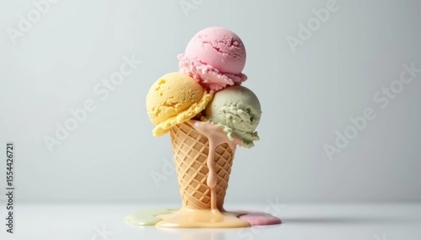 Fototapeta Colorful Ice Cream Scoops in a Waffle Cone Melting on a White Background