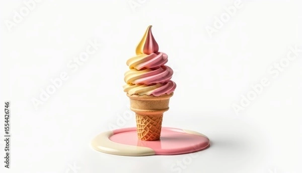 Fototapeta Swirled Ice Cream Cone with Pink and Yellow Toppings on a Dropped Sauce Surface