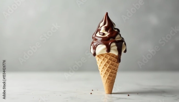 Fototapeta Delicious Soft Serve Ice Cream Cone with Rich Chocolate Sauce Dripping on Marble Surface