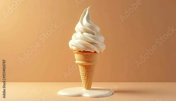 Fototapeta Delicious Soft Serve Ice Cream Cone Melting on a Warm Surface with Creamy Swirls and Cone