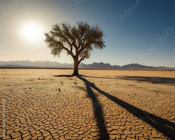 Fototapeta Lone Tree in Arid Desert Landscape with Cracked Earth Symbolizing Perseverance and Adaptation