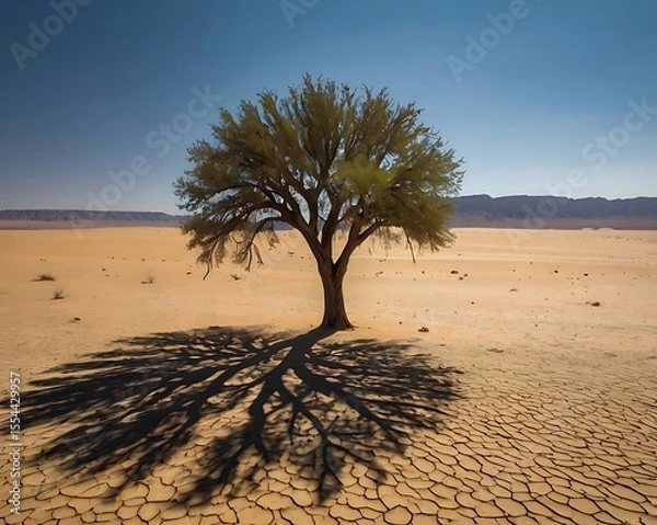Fototapeta Lone Tree Dominates Arid Desert Scene with Striking Shadow Patterns on Cracked Earth Under a Bright Sunny Sky