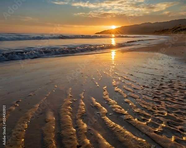 Fototapeta Tranquil Beach at Sunset with Golden Light Reflecting on the Wet Sand and Gentle Ocean Waves