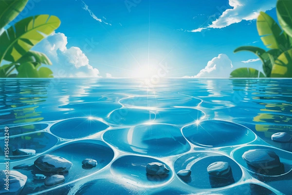 Fototapeta A digital art illustration of a serene underwater scene with a circular mosaic pattern on the ocean floor