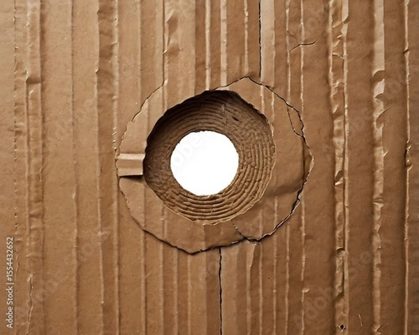 Fototapeta Abstract Close-Up of Damaged Cardboard with Circular Hole for Textural Background and Design Element