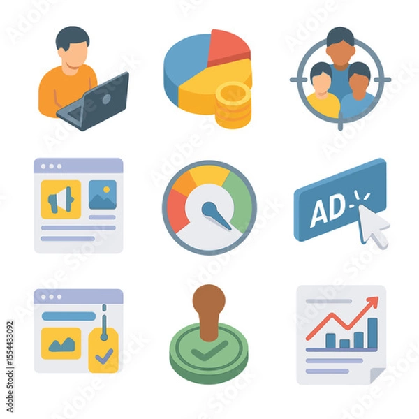 Fototapeta Paid Social Ad Icons. Isometric Flat icon set of Paid Social Advertising: ad campaign manager, budget allocation chart, target