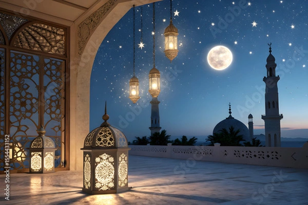 Fototapeta Captivating night scene with glowing lanterns illuminating a mosque backdrop under a starry sky and the radiant moon.