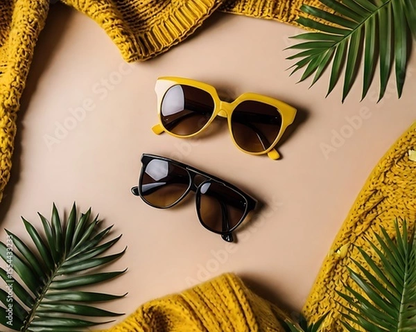 Fototapeta Flat Lay of Yellow Sunglasses and Knitted Sweater with Palm Leaves on Beige Background for Summer Aesthetic