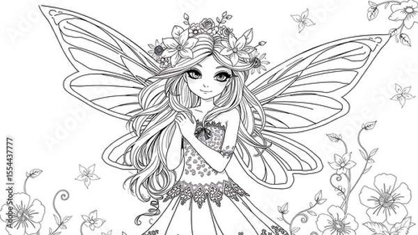 Fototapeta Elegant fairy with floral crown and wings ready for coloring in a decorative garden