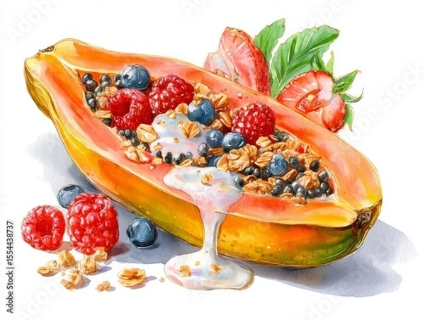 Obraz Vibrant Tropical Breakfast Bowl With Papaya Filled With Yogurt Granola And Fresh Berries On White Background
