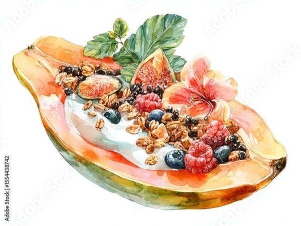 Obraz Vibrant tropical breakfast in a papaya shell with creamy yogurt granola and assorted fresh berries on white background