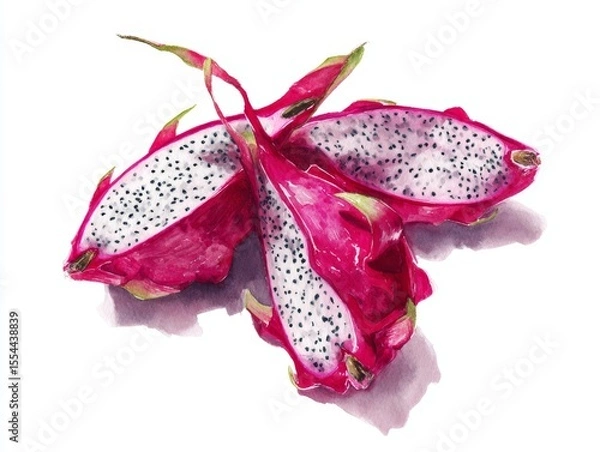 Obraz Vivid fuchsia dragon fruit halves positioned as butterfly wings on a dark slate plate