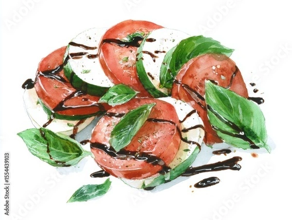 Obraz Watercolor illustration of sliced Caprese salad with fresh mozzarella, tomato, and basil leaves loosely arranged with balsamic vinegar drizzle
