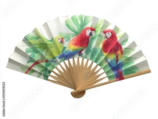 Obraz Watercolor Tropical Parrot Motif on Handheld Folding Fan with Lime Green and Scarlet Accents in Midflight