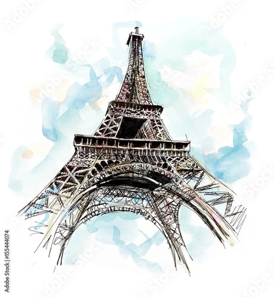 Fototapeta Eiffel tower. Hand drawing illustration. Gel pen and watercolor