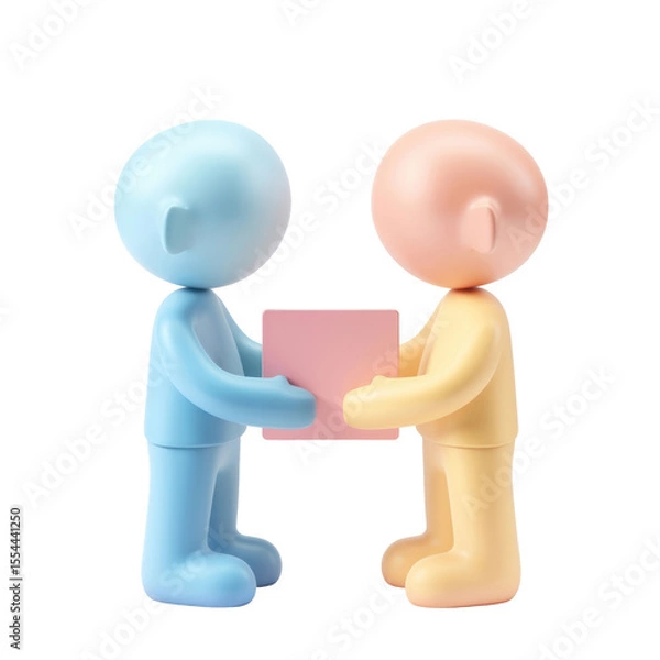 Fototapeta Two Colorful Cartoon Characters Exchanging a Box in a Playful Scene for Collaboration Concept