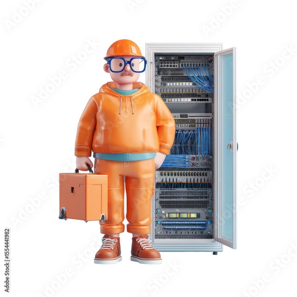 Fototapeta Cartoon technician in orange attire standing beside server rack with cables and tools in modern digital environment