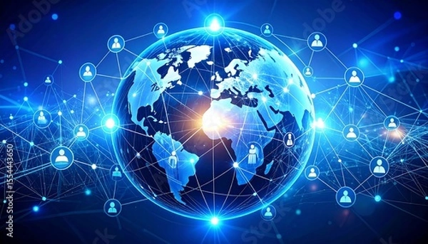 Fototapeta Global Network: A vibrant blue globe surrounded by interconnected user icons, representing global connection and communication.