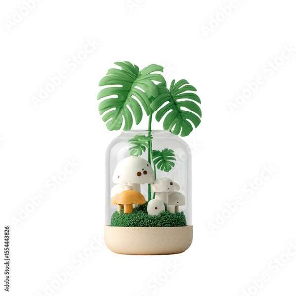 Fototapeta Small Terrarium with Colorful Mushrooms and Green Palm Leaves in Glass Container